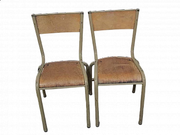 Pair of beige iron stacking chairs with birch blockboard seat by Mullca, 1960s