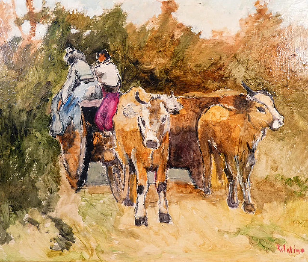 R. Salino, carro con buoi e figure, dipinto a olio su tavola, anni '80 2