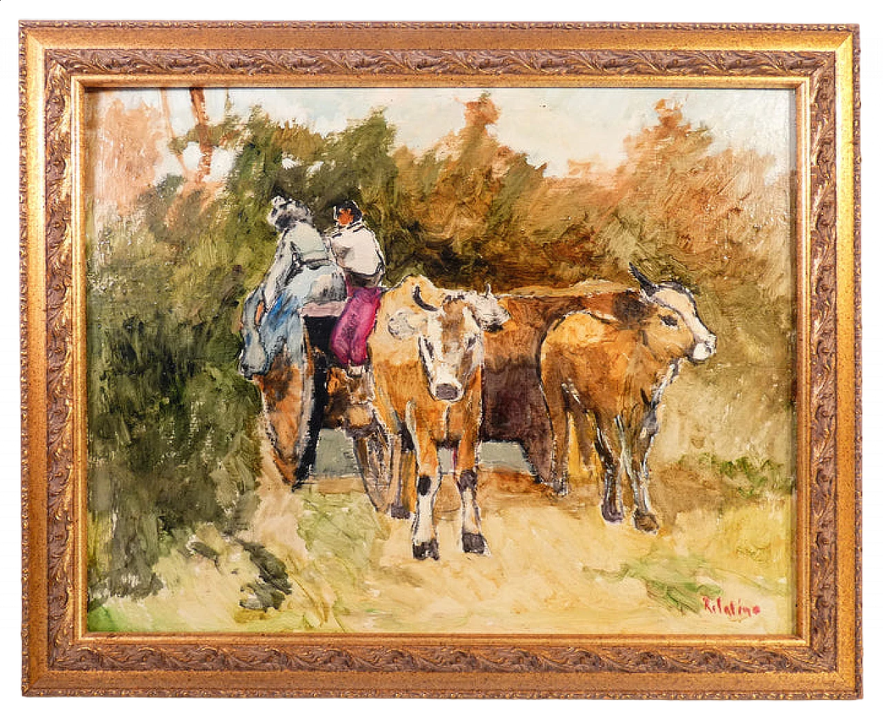 R. Salino, carro con buoi e figure, dipinto a olio su tavola, anni '80 5