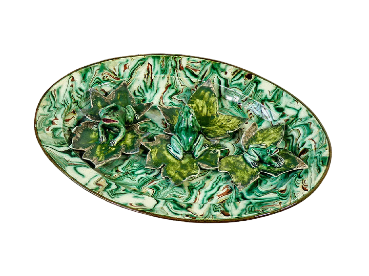 Vassoio in maiolica e smalto con rane e foglie di Pichon Uzès, '800 12