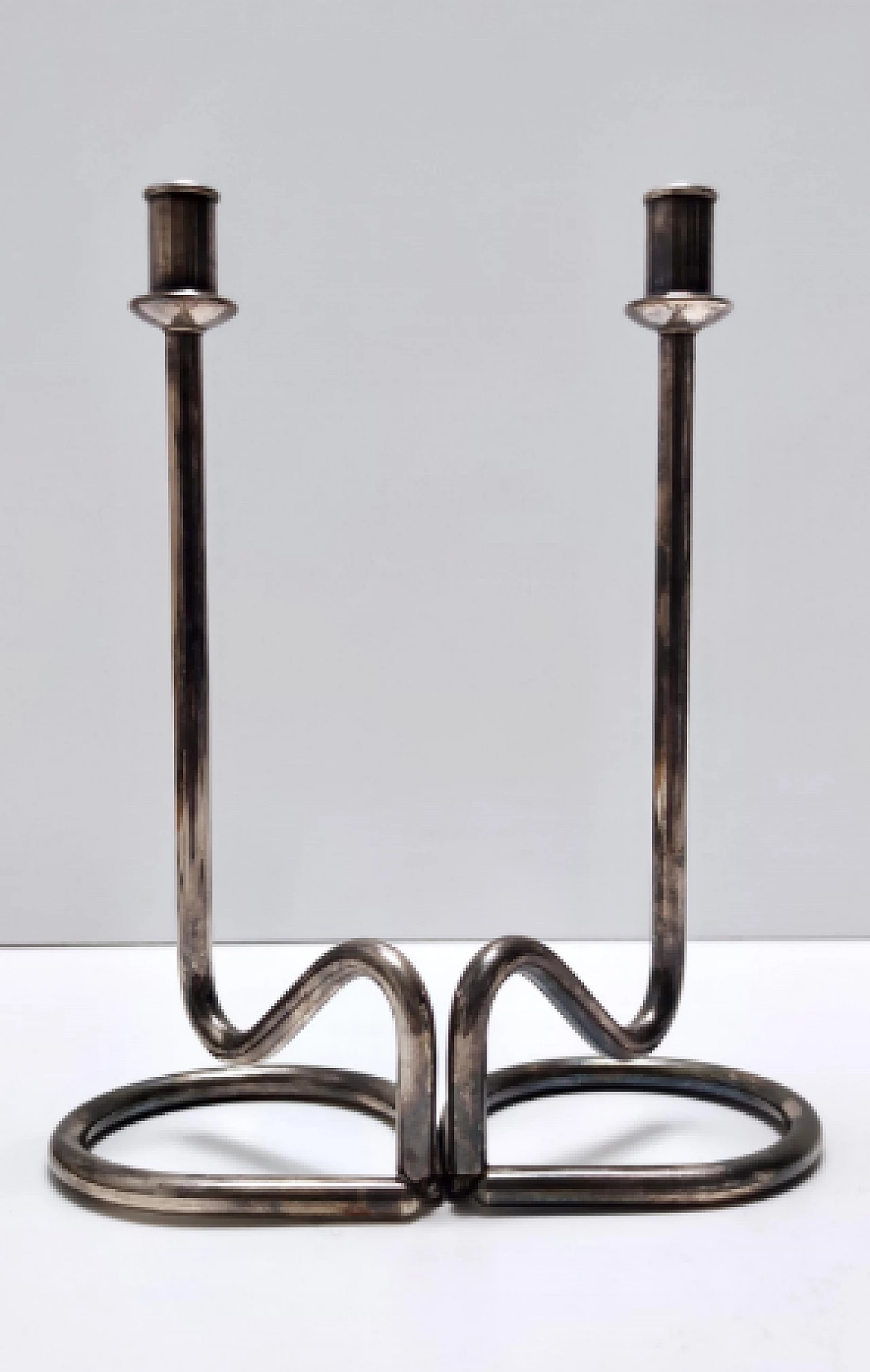 Pair of silver plated metal candle holders by PM Italy, 1990s 4