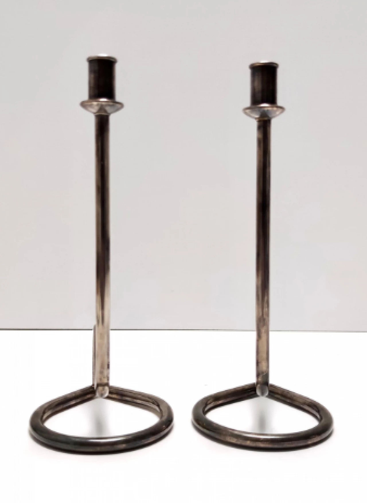 Pair of silver plated metal candle holders by PM Italy, 1990s 5