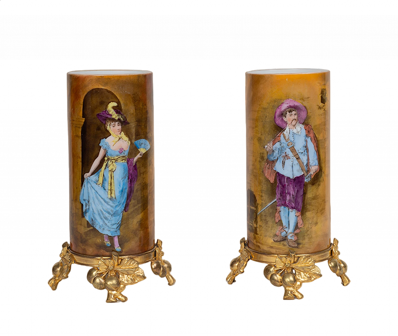 Coppia di vasi portafiori Napoleone III in porcellana policroma su basi in bronzo dorato, '800 6