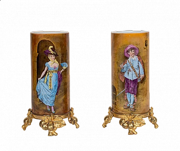 Pair of Napoleon III flower vases in polychrome porcelain on gilded bronze bases, 19th century