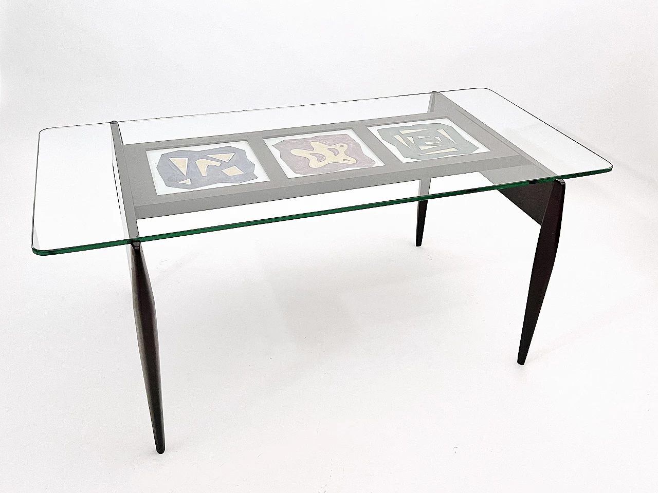 Tavolo in legno tinto con formelle di ceramica e piano in vetro, anni ’50 1