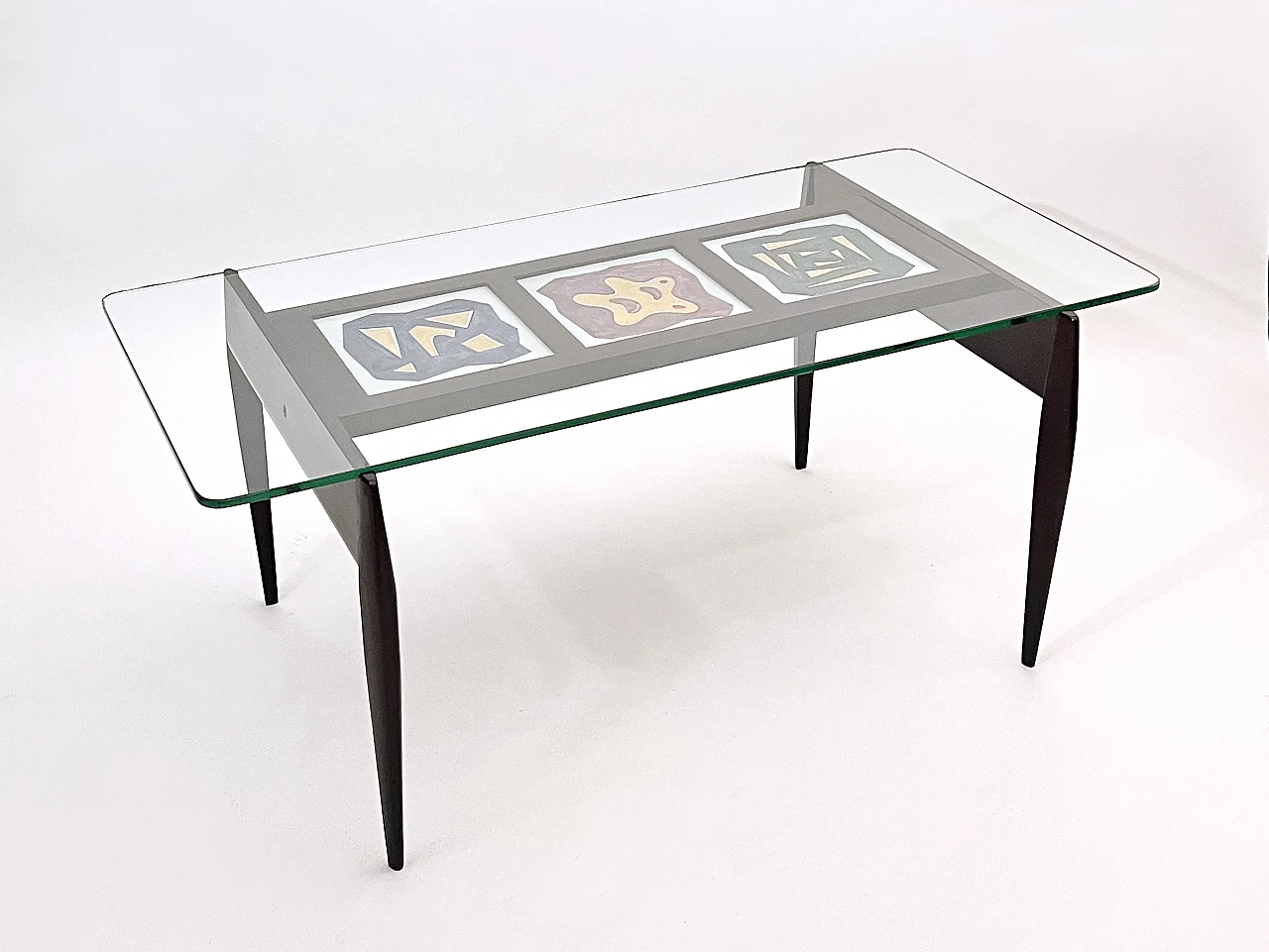 Tavolo in legno tinto con formelle di ceramica e piano in vetro, anni ’50 2