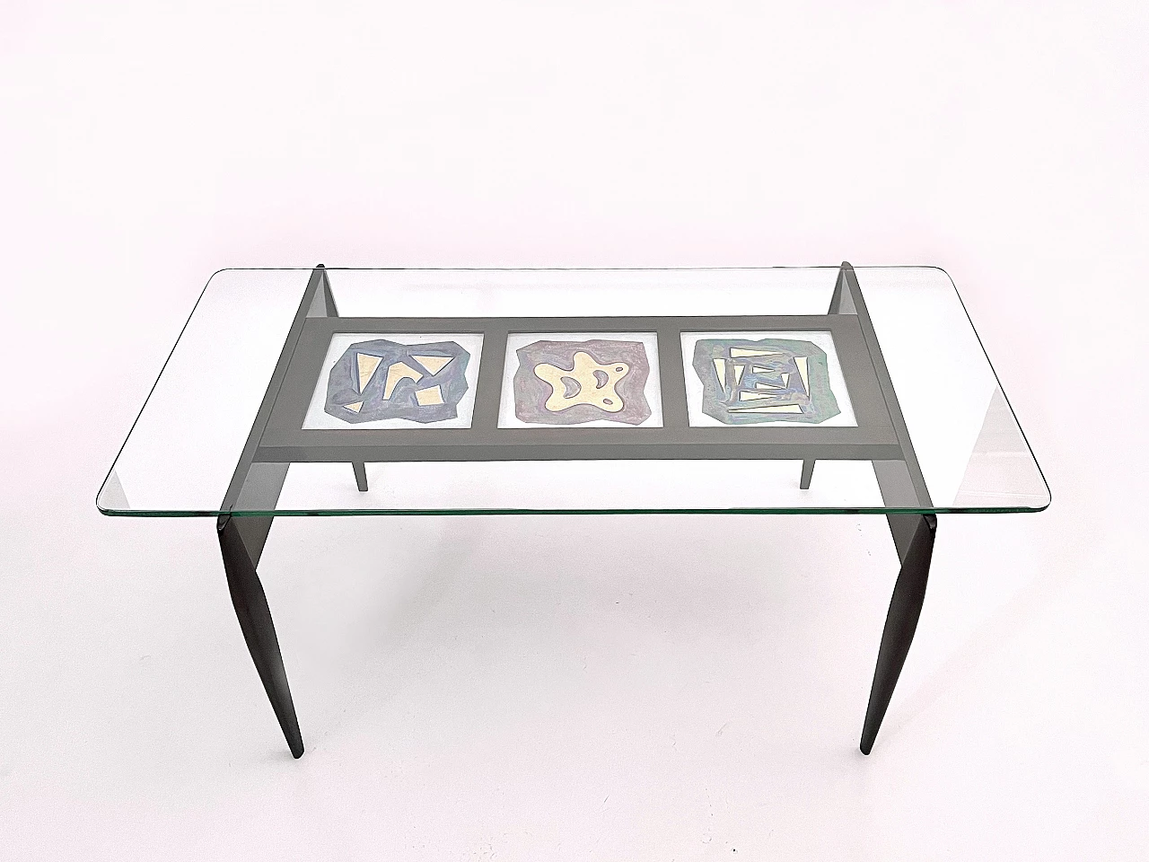 Tavolo in legno tinto con formelle di ceramica e piano in vetro, anni ’50 3