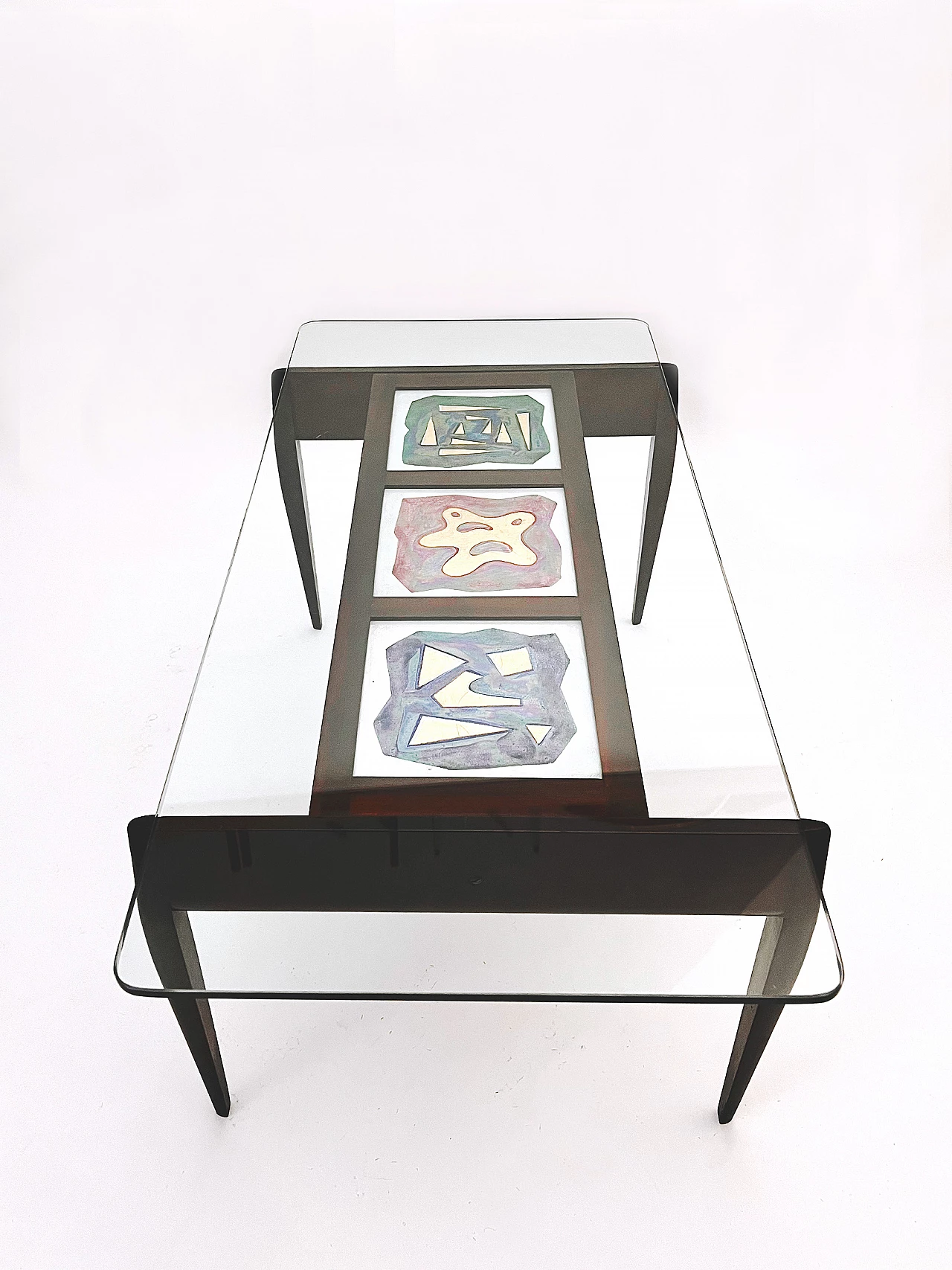 Tavolo in legno tinto con formelle di ceramica e piano in vetro, anni ’50 4