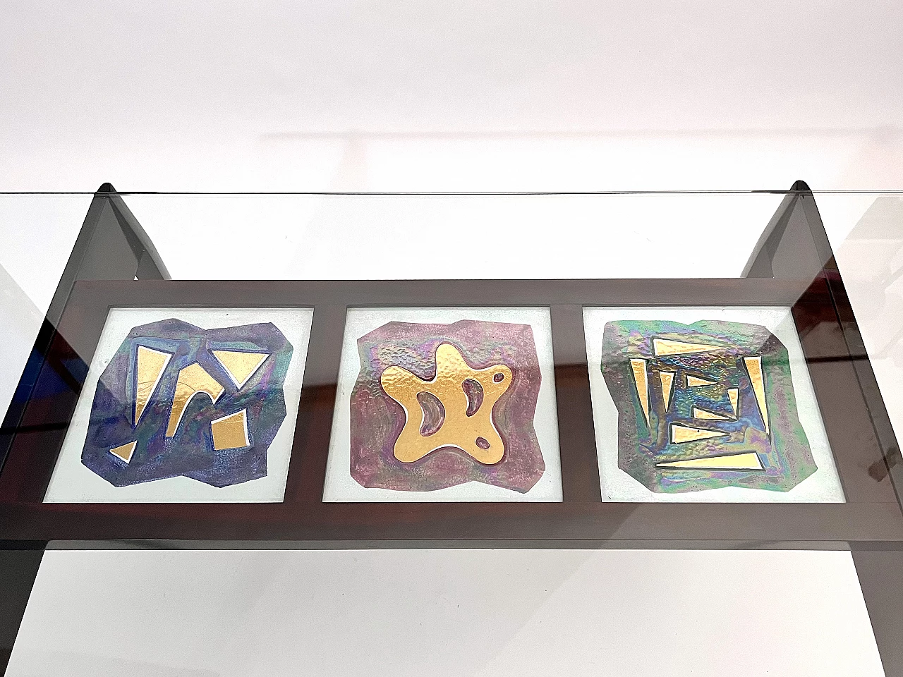 Table in stained wood with ceramic tiles and glass top, 1950s 5