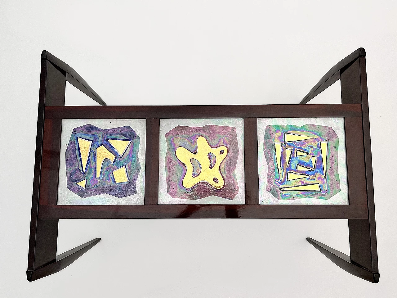 Tavolo in legno tinto con formelle di ceramica e piano in vetro, anni ’50 7