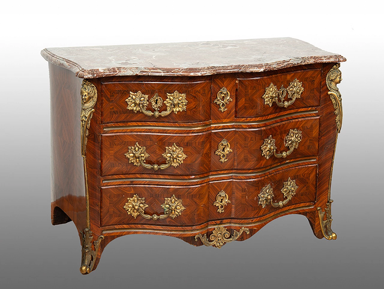 Tombeau chest of drawers in exotic wood with red France marble top, 18th century 1