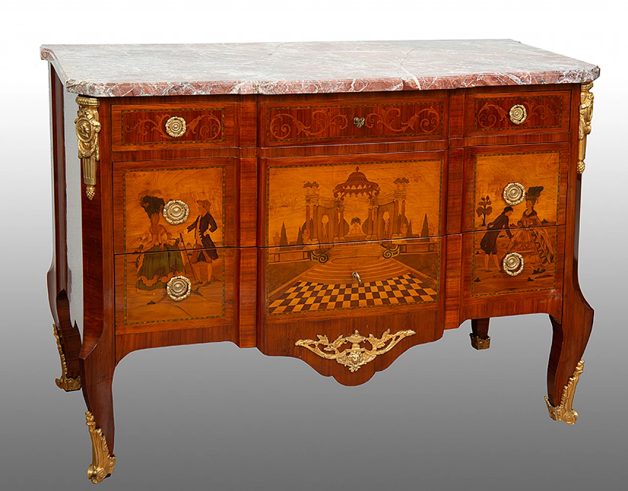 Napoleon II chest of drawers in exotic precious woods with marble top, 19th century 1