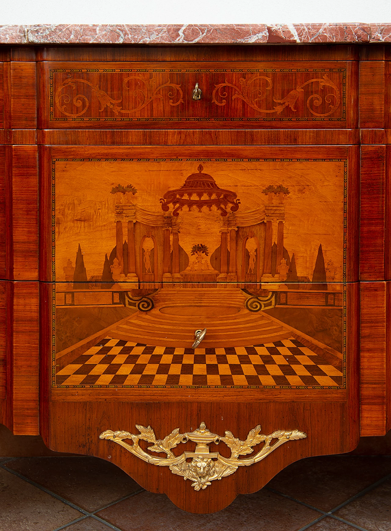 Cassettone Napoleone II in legni esotici pregiati con piano in marmo, '800 2