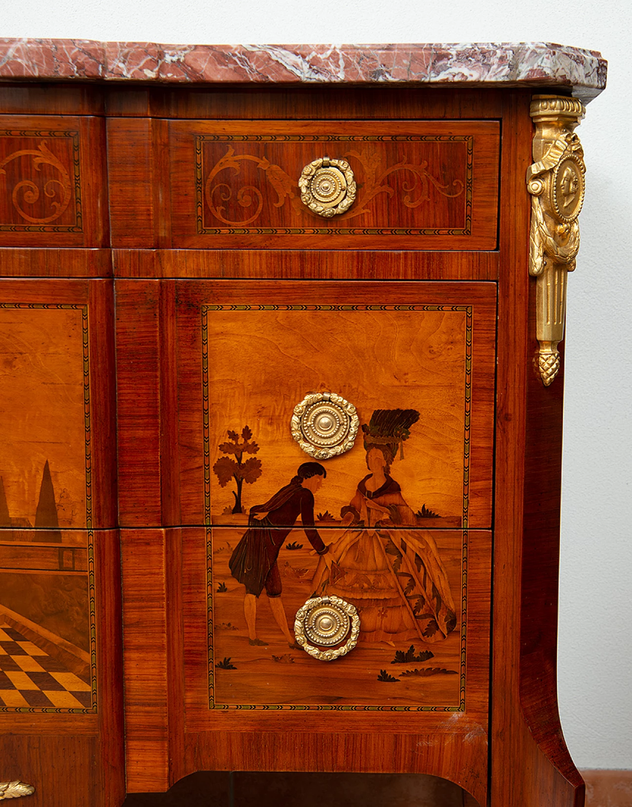 Cassettone Napoleone II in legni esotici pregiati con piano in marmo, '800 3