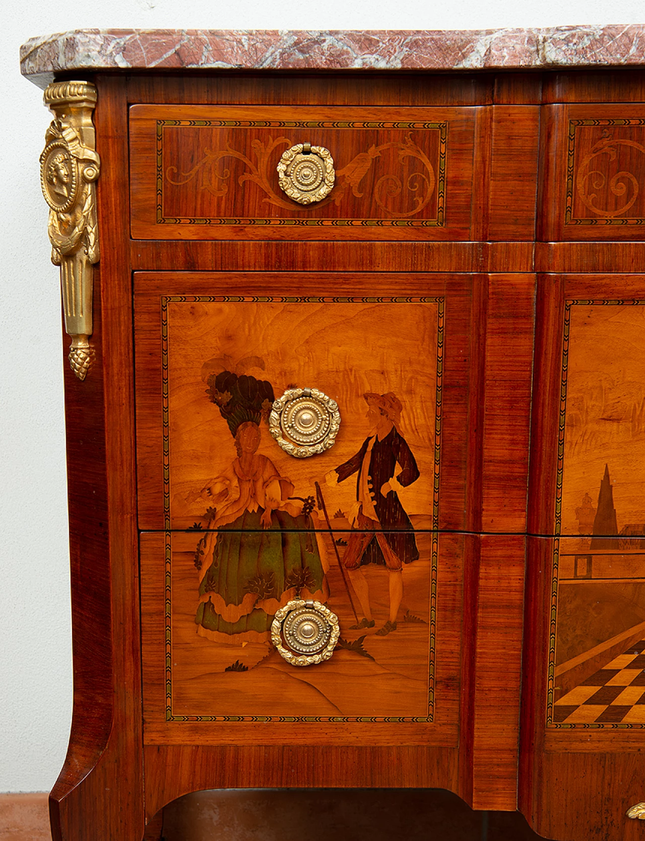 Cassettone Napoleone II in legni esotici pregiati con piano in marmo, '800 4