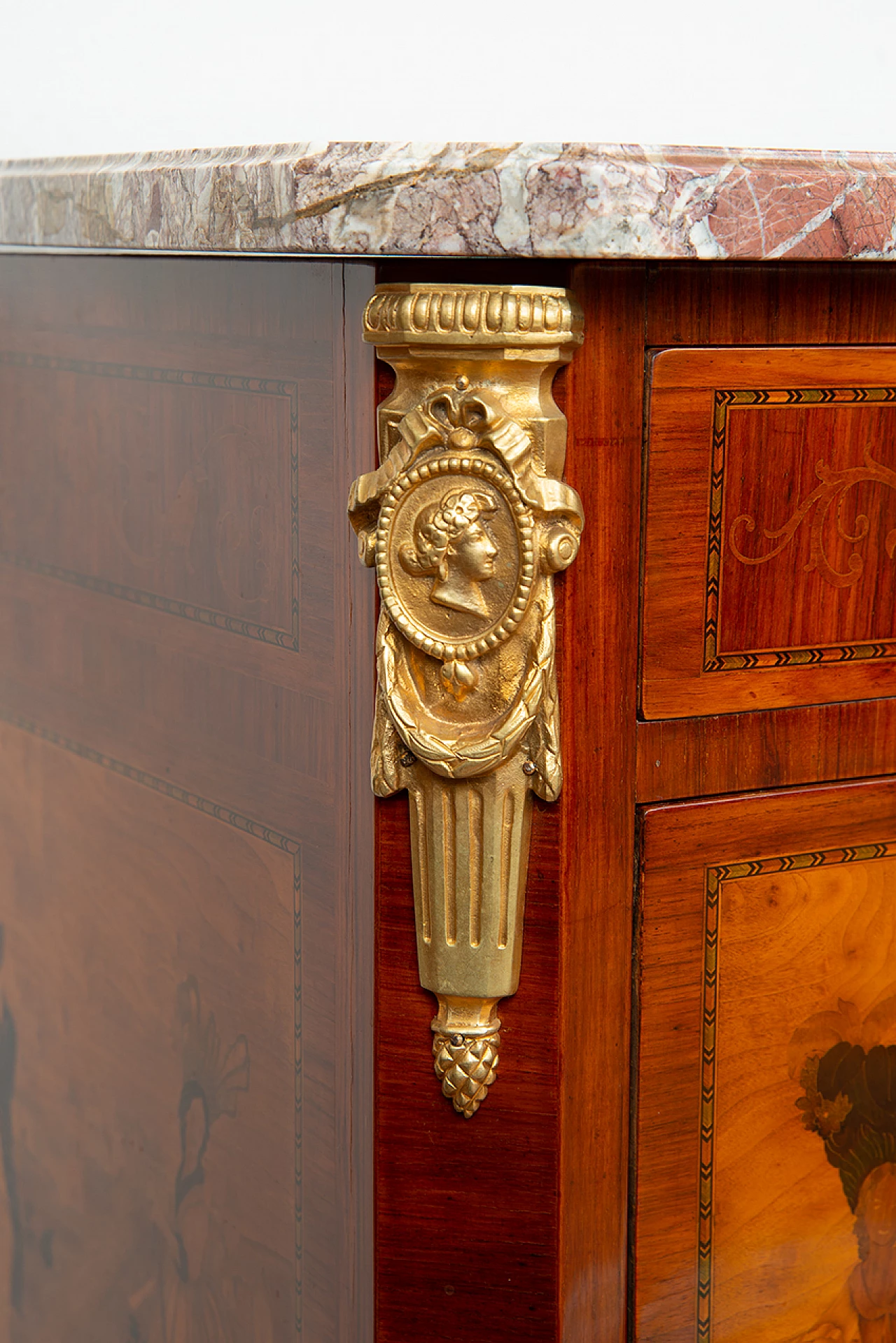 Cassettone Napoleone II in legni esotici pregiati con piano in marmo, '800 5