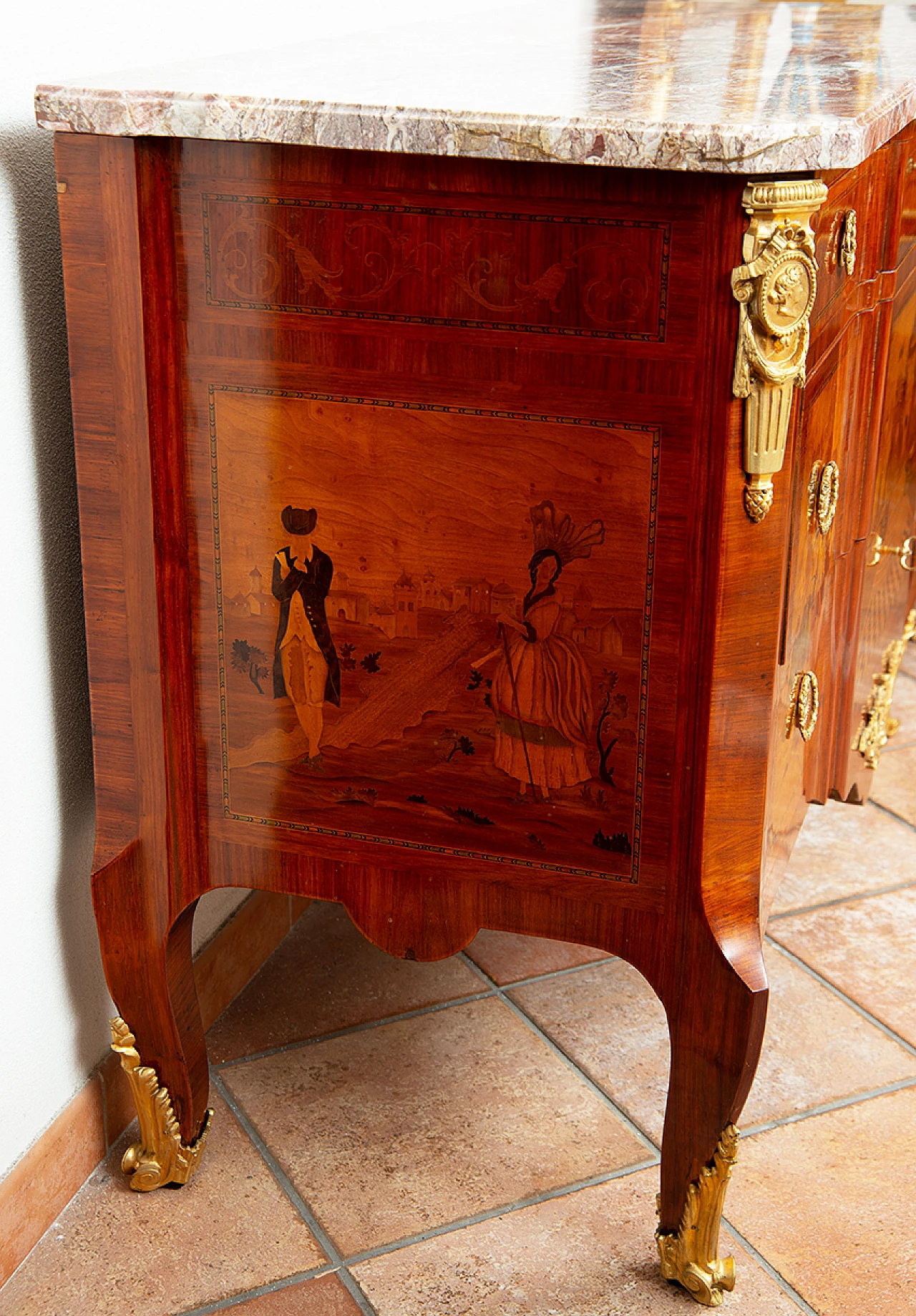 Napoleon II chest of drawers in exotic precious woods with marble top, 19th century 6