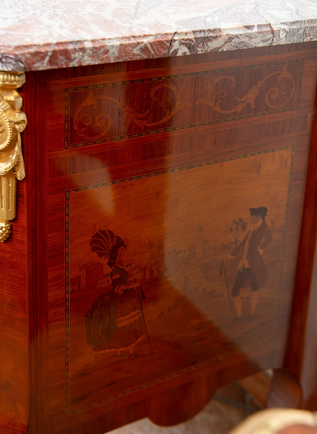 Cassettone Napoleone II in legni esotici pregiati con piano in marmo, '800 7