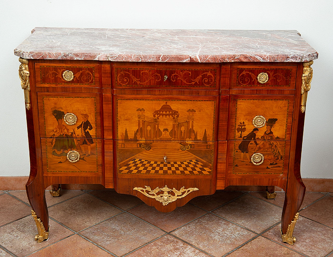 Napoleon II chest of drawers in exotic precious woods with marble top, 19th century 8