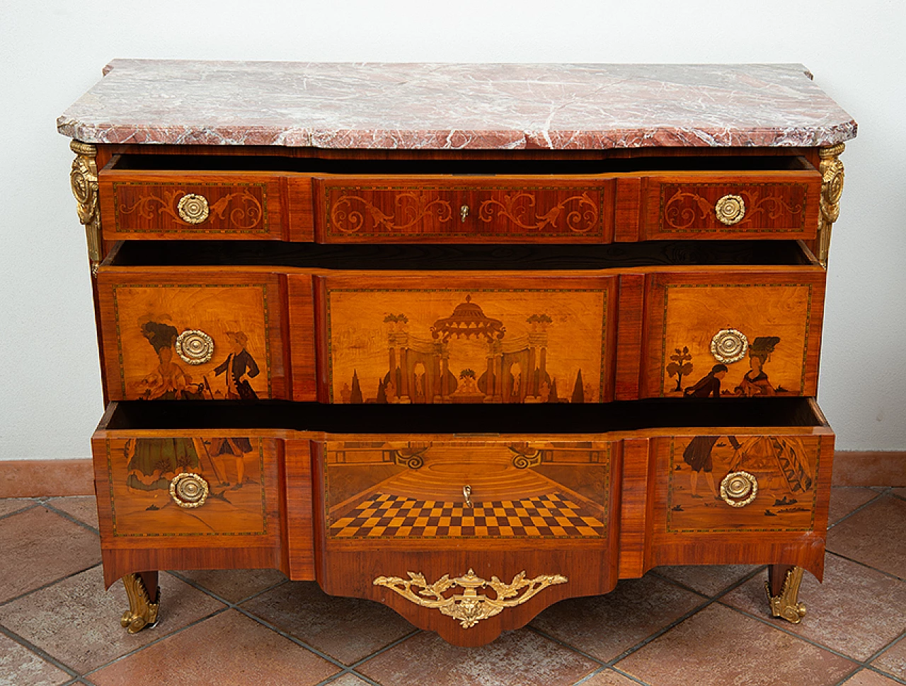 Napoleon II chest of drawers in exotic precious woods with marble top, 19th century 9