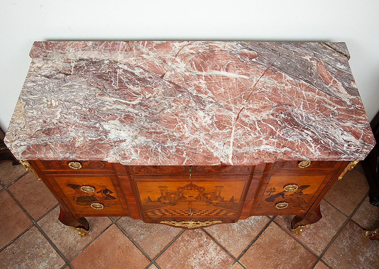 Cassettone Napoleone II in legni esotici pregiati con piano in marmo, '800 10