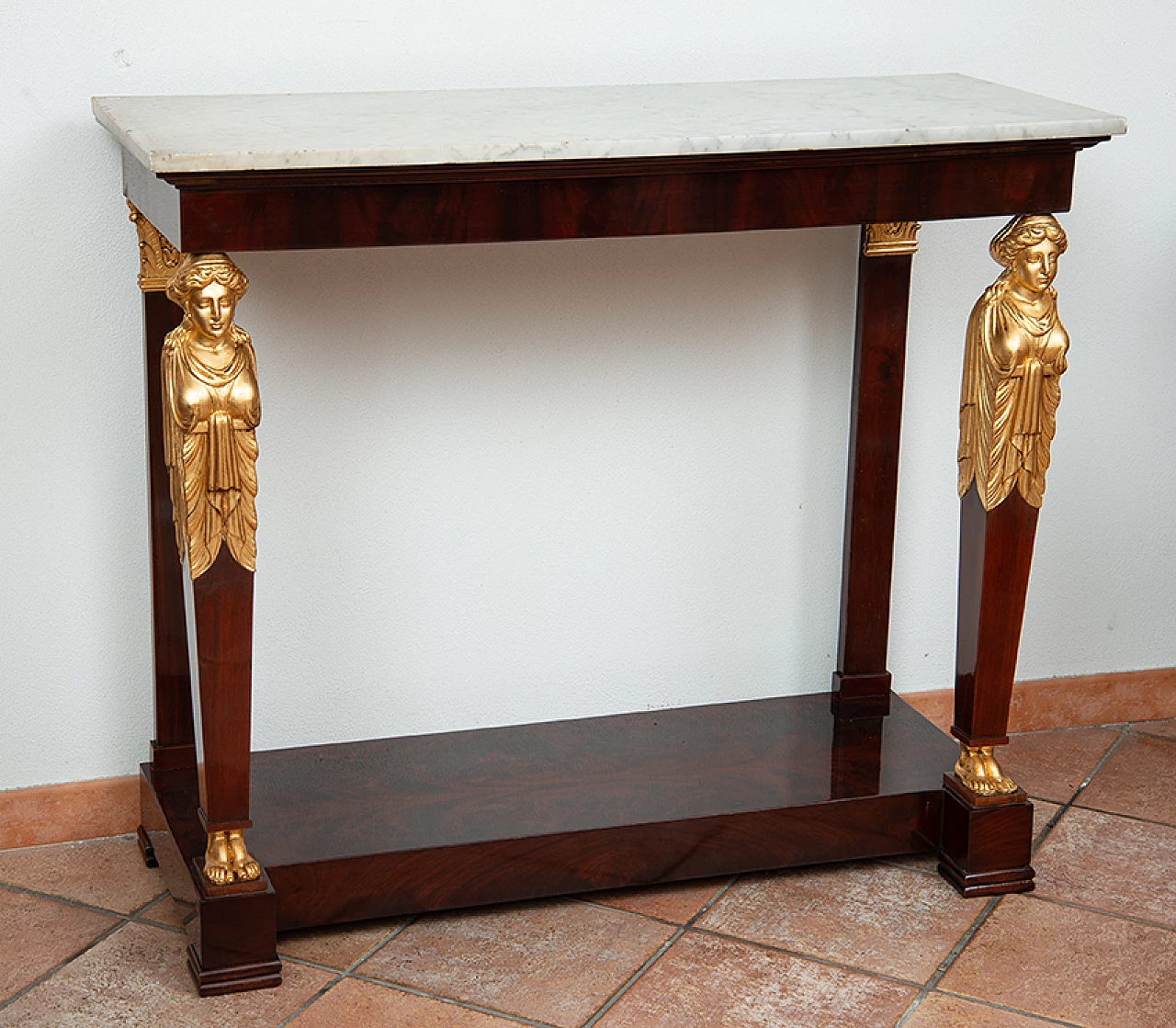 Empire mahogany feather console table with marble top, early 19th century 7