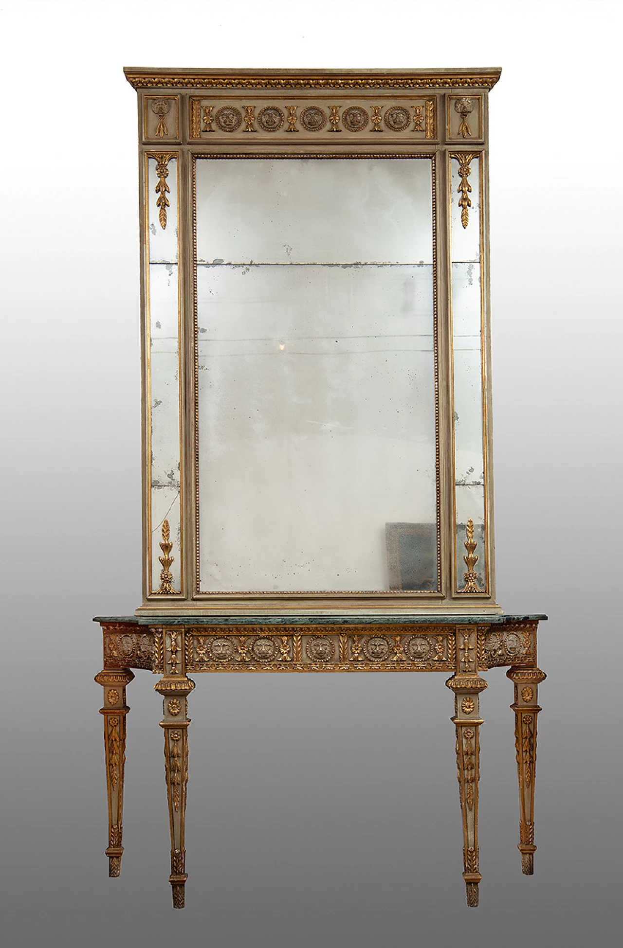 Console table with mirror in Louis XVI style in lacquered and gilded wood, 19th century 1