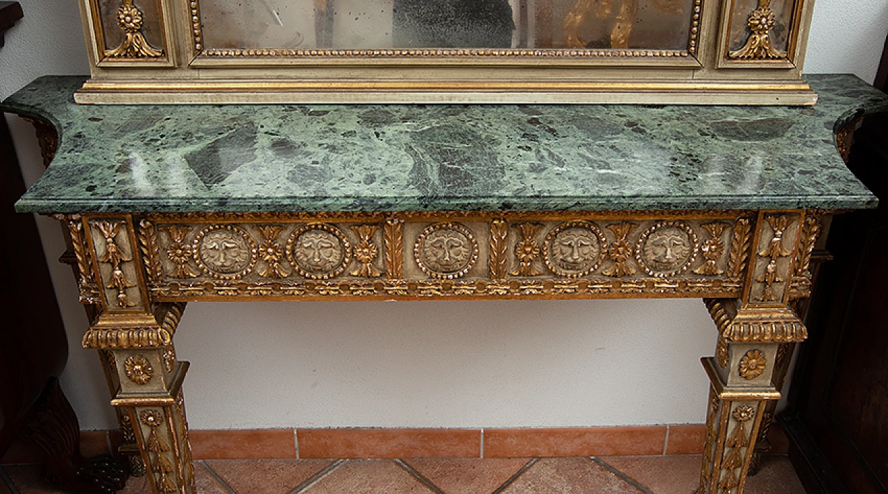 Console table with mirror in Louis XVI style in lacquered and gilded wood, 19th century 2