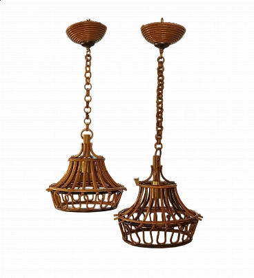 Pair of rattan and bamboo hanging lamps, 1960s
