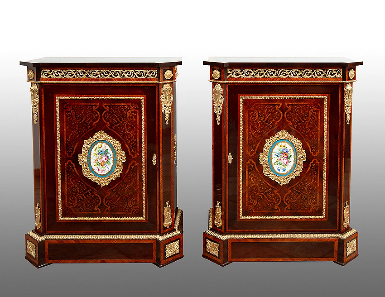 Pair of Napoleon III sideboards with porcelain details, 19th century 1
