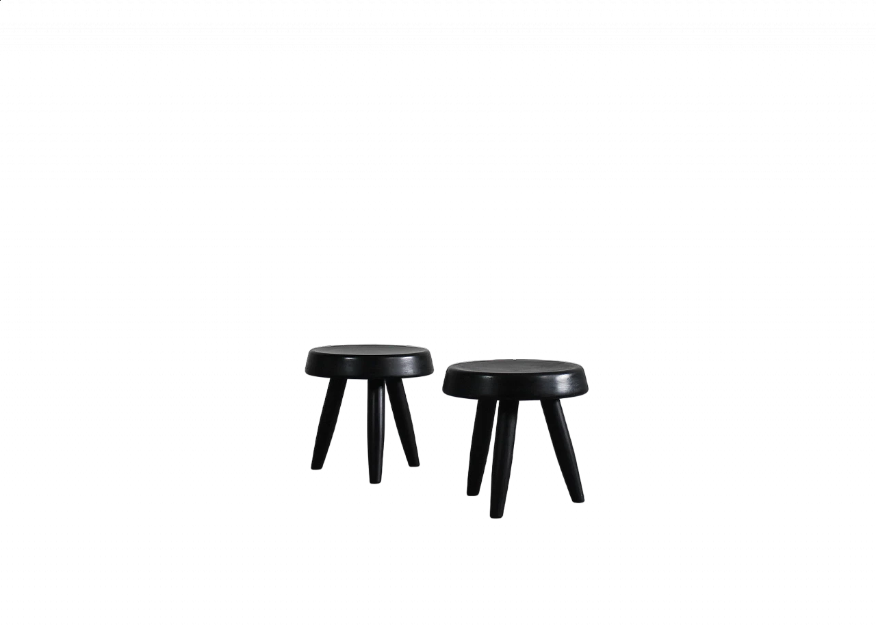 Pair of black wooden stools in the style of Charlotte Perriand, 1950s 5
