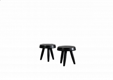 Pair of black wooden stools in the style of Charlotte Perriand, 1950s