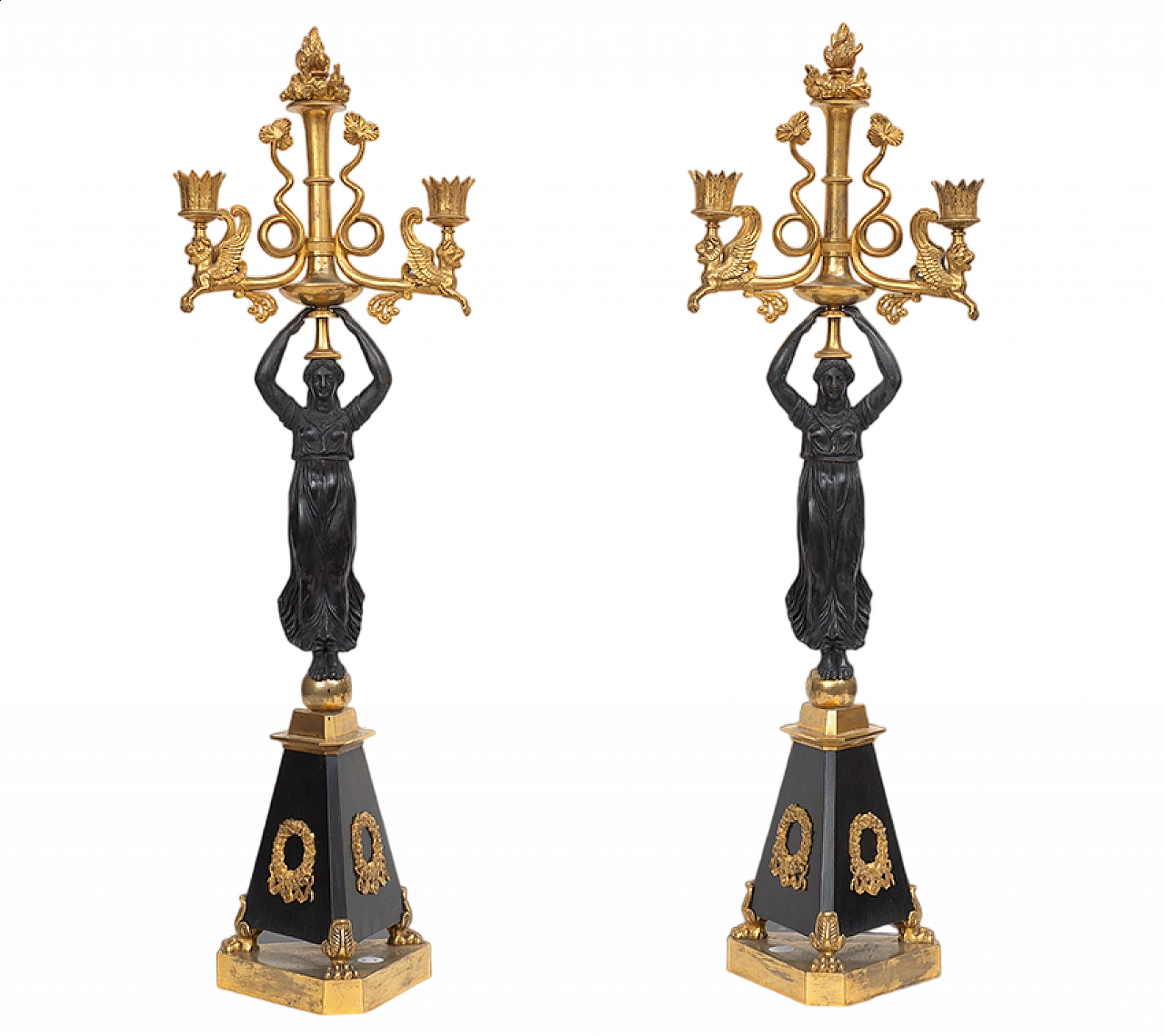 Pair of burnished bronze Direttorio candelabra with figure of a woman, early 19th century 7