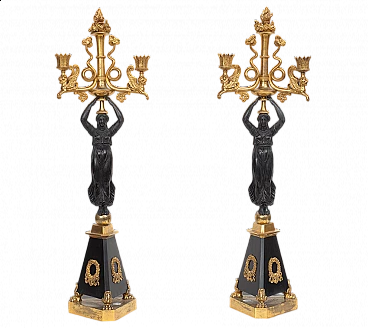 Pair of burnished bronze Direttorio candelabra with figure of a woman, early 19th century