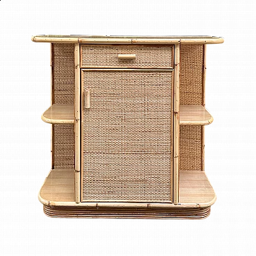 Consolle in bambù e vimini con cassetto e anta, anni '70