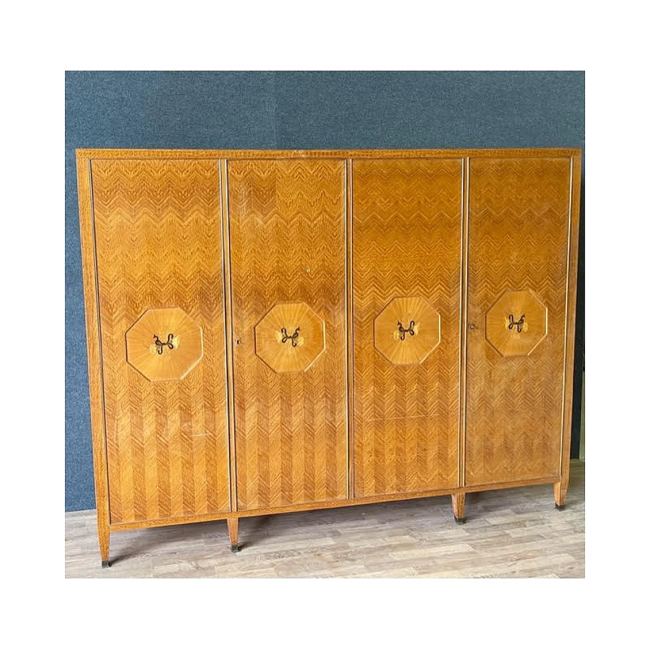 Four-door citronnier wood plated wardrobe in herringbone-effect, 1940s 3