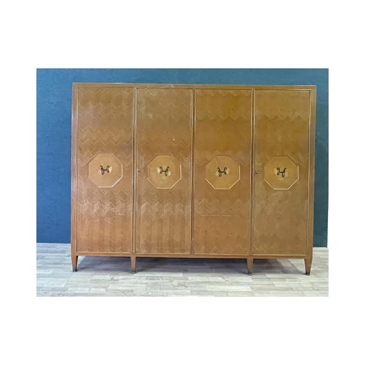 Four-door citronnier wood plated wardrobe in herringbone-effect, 1940s 7