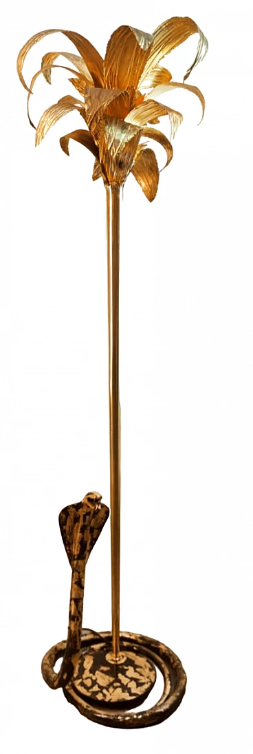 Brass palm tree-shaped floor lamp with cobra, 1970s