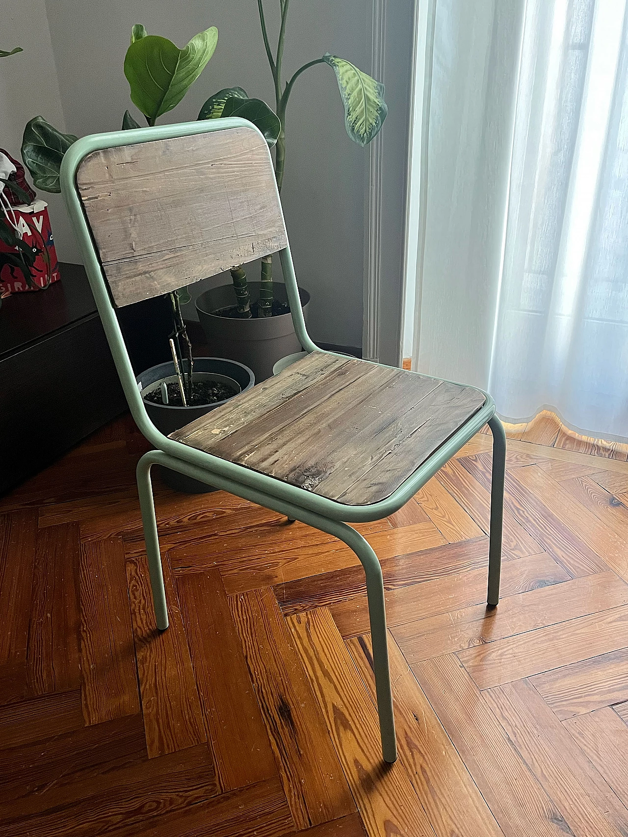 Wood and aqua green lacquered wrought iron chair 1