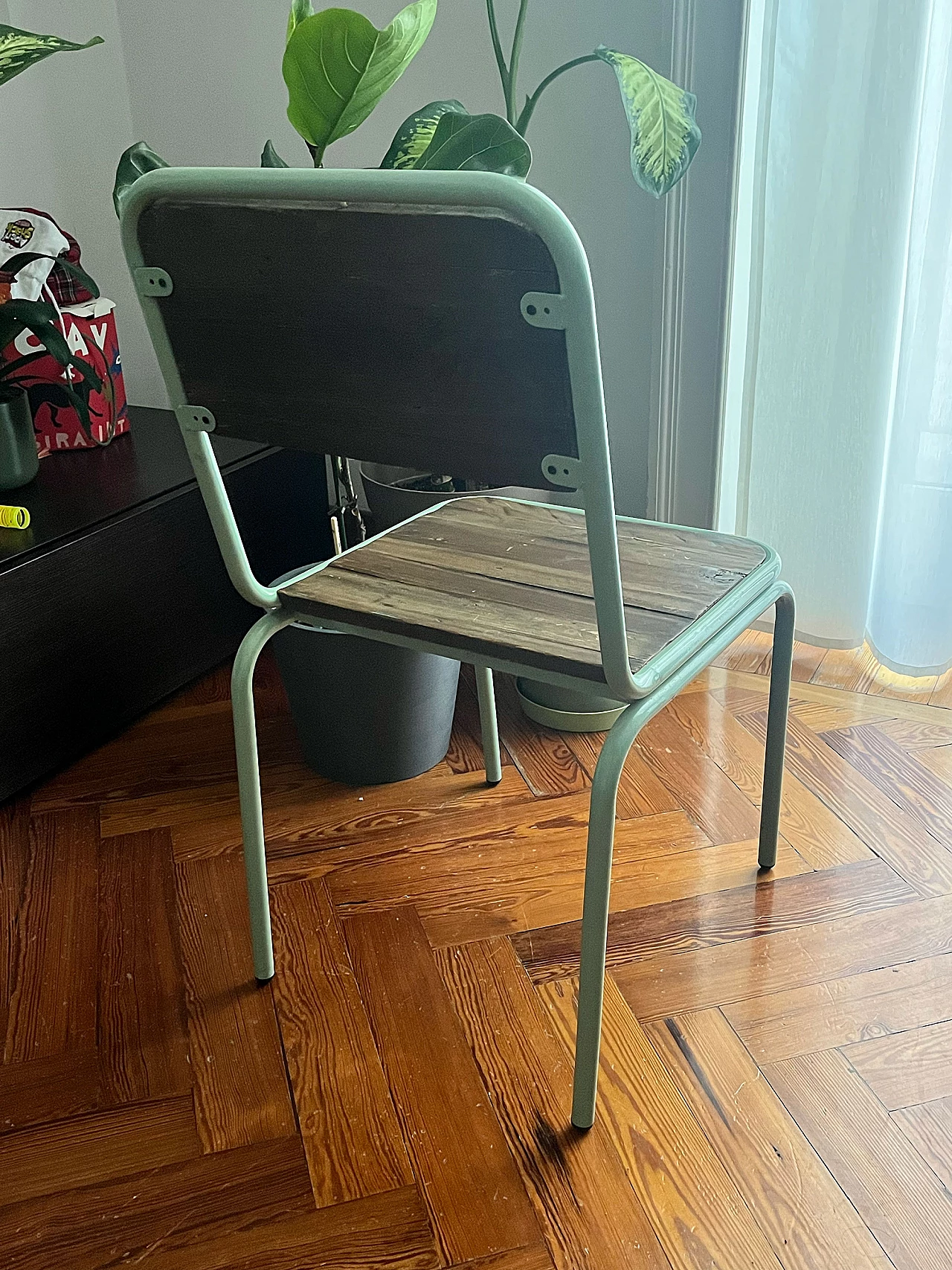 Wood and aqua green lacquered wrought iron chair 2