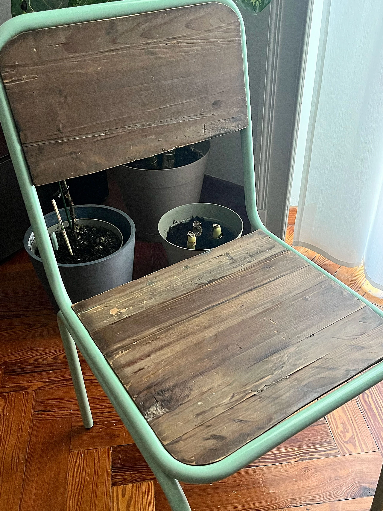 Wood and aqua green lacquered wrought iron chair 3