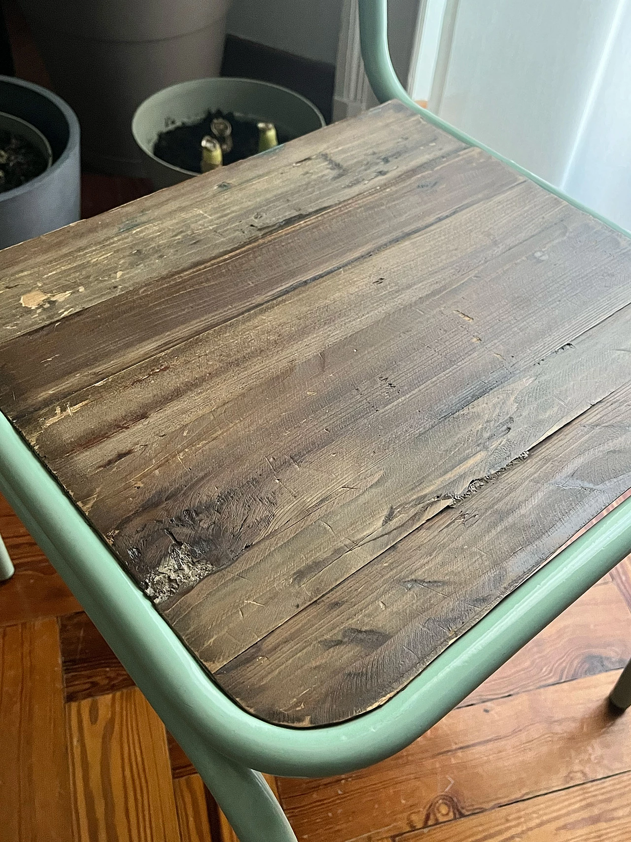 Wood and aqua green lacquered wrought iron chair 4