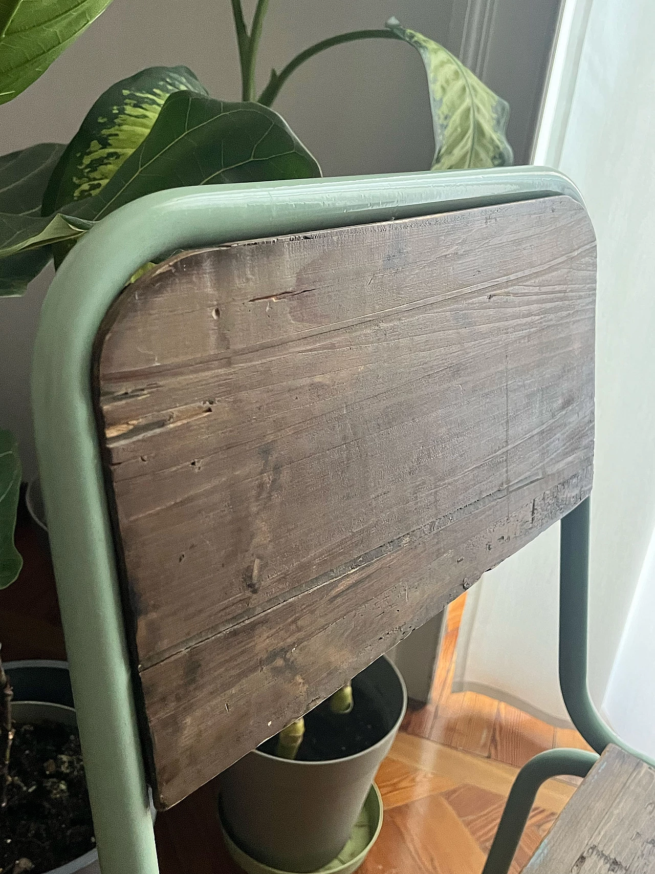 Wood and aqua green lacquered wrought iron chair 5