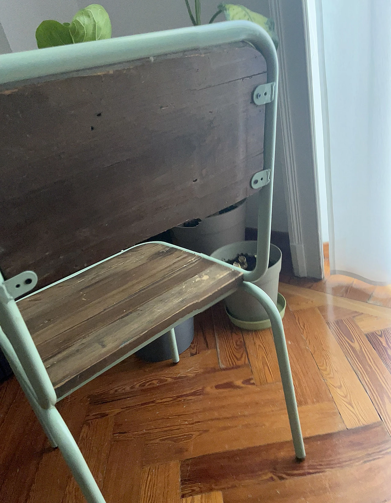 Wood and aqua green lacquered wrought iron chair 6