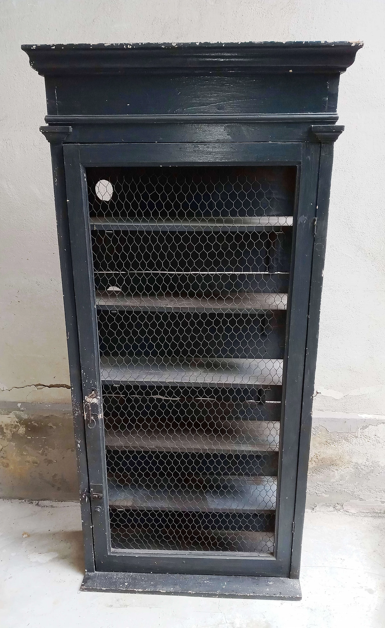 Black matte wood sideboard with metal mesh door, 1920s 1