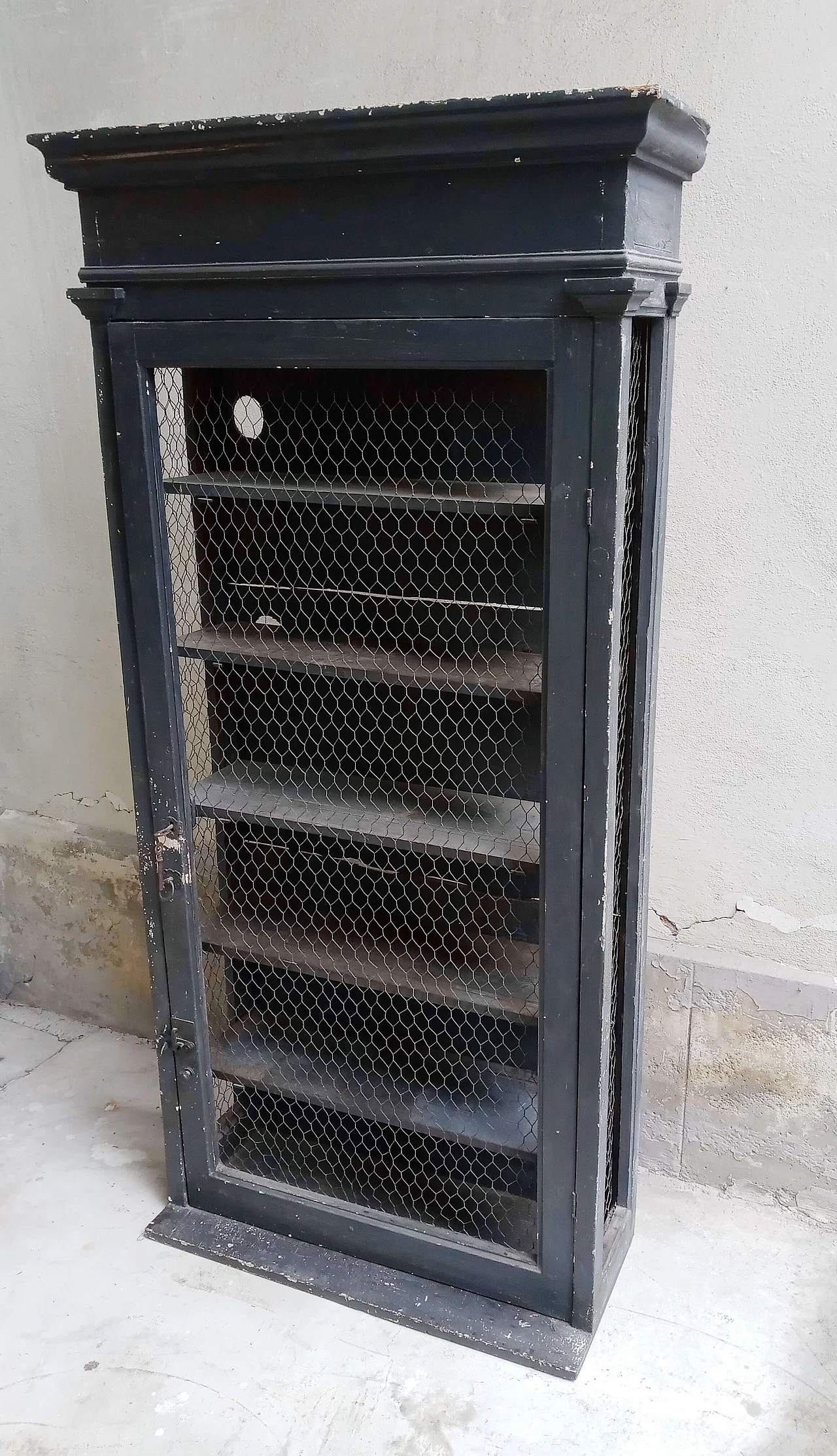 Black matte wood sideboard with metal mesh door, 1920s 2