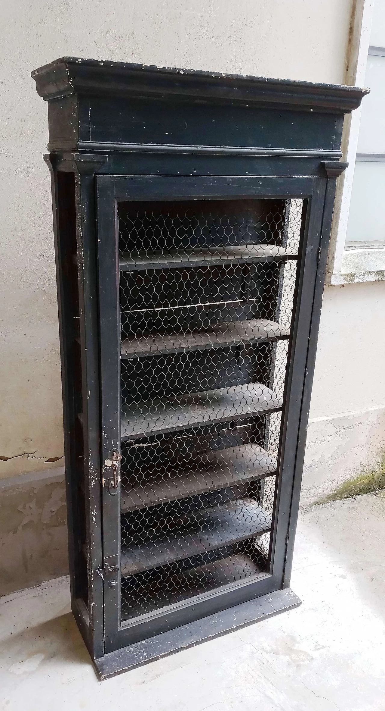 Black matte wood sideboard with metal mesh door, 1920s 3