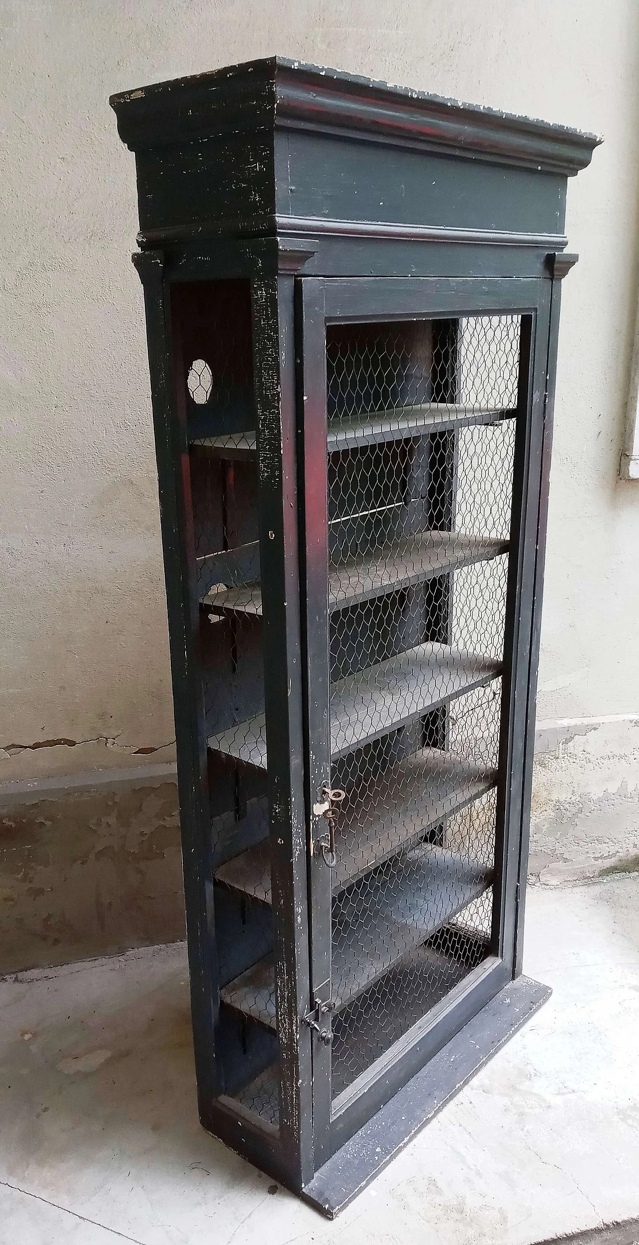 Black matte wood sideboard with metal mesh door, 1920s 5