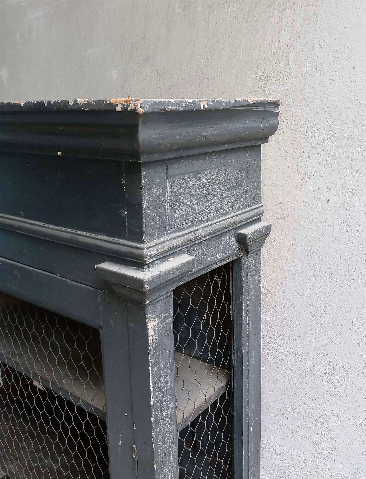 Black matte wood sideboard with metal mesh door, 1920s 7