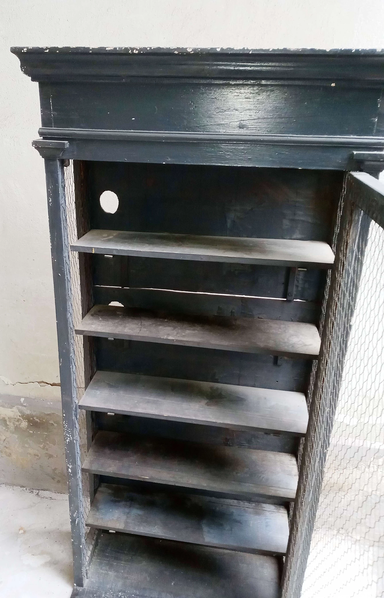 Black matte wood sideboard with metal mesh door, 1920s 11